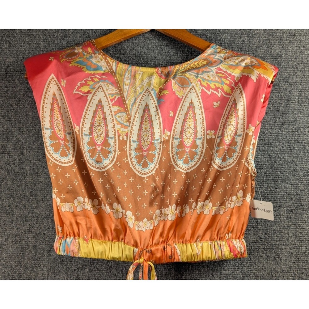Apricot Lane Marietta Elan Bali Print Crop Top Pink Orange Paisley Boho Tie Hem